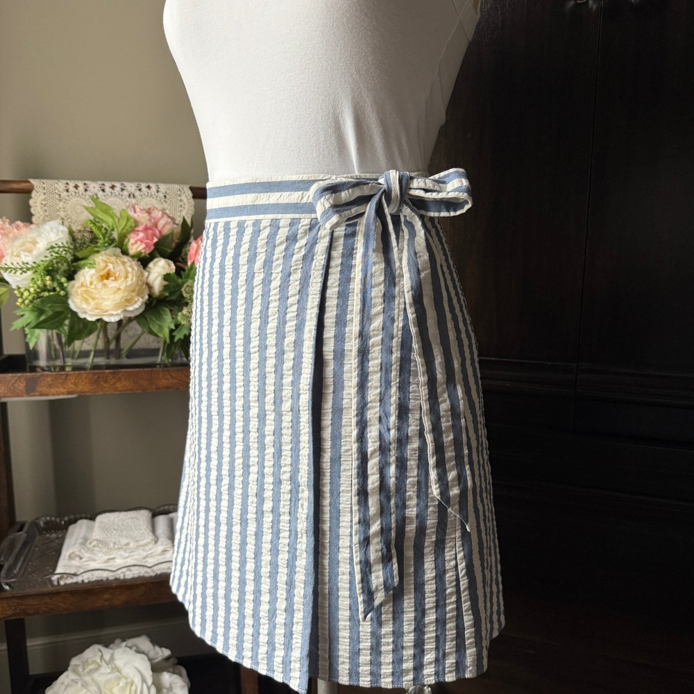 J.Crew‎ Blue White Striped Seersucker Faux Wrap Mini Skirt Size 12 Side Tie